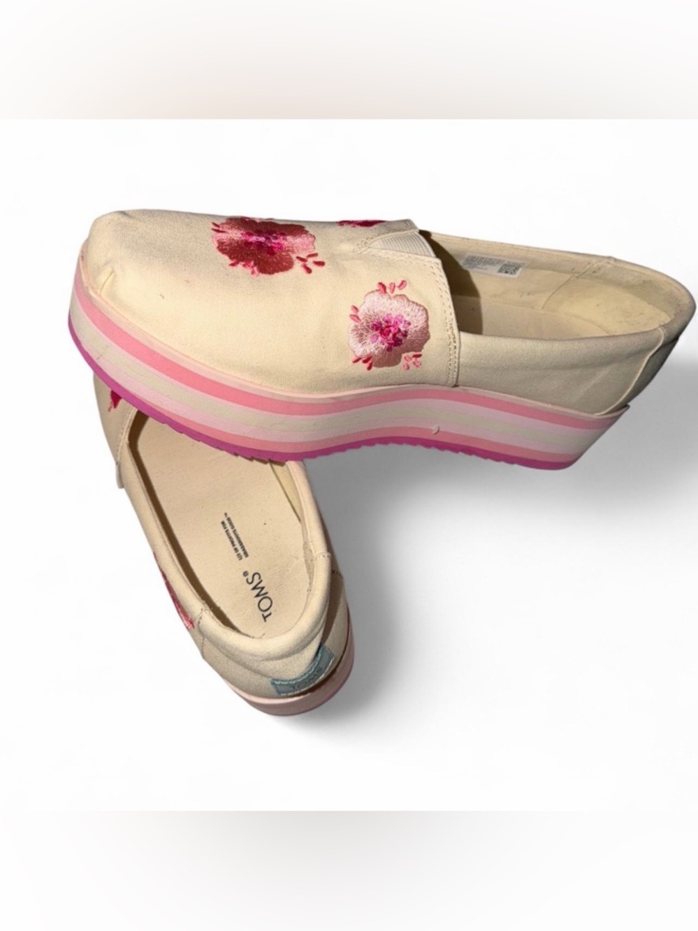 TOMS Cream Canvas Slip-On Platform Sneakers with Pink Floral Embroidery